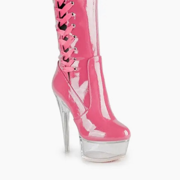 Offer! Golden Voltaire Shiny Patent Red Lace-Up Platform Lucite Clear Heel Boots - Picture 5 of 7